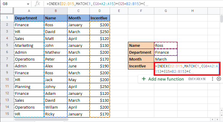 Setzen Sie ein Sternchen und öffnen Sie die Klammern für das letzte Kriterium, das der Monat ist. So INDEXIEREN Sie mehrere Kriterien in Google Sheets