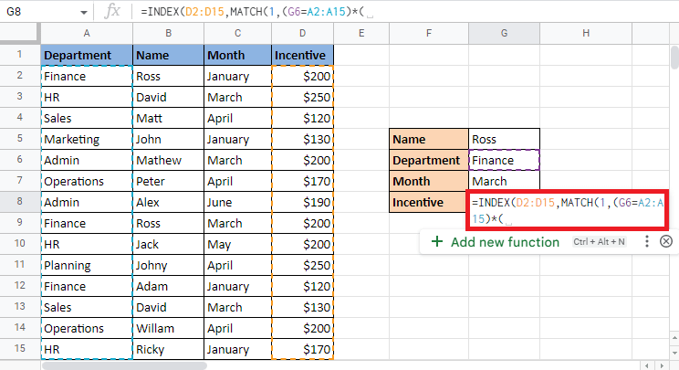 Setzen Sie ein Sternchen und öffnen Sie Klammern, um die nächsten Kriterien einzugeben. So INDEXIEREN Sie mehrere Kriterien in Google Sheets