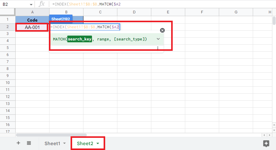 Wählen Sie die Referenzzelle A2 mit dem Zielwert aus, der der auf Sheet2 verfügbare Code ist, und sperren Sie die erforderliche Zelle