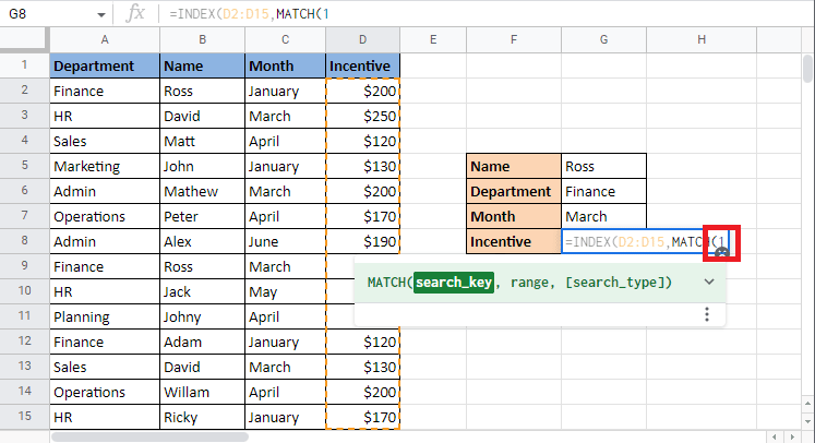 Masukkan search_key sebagai 1 seperti yang dijelaskan dalam index match multiple criteria syntax Google Sheets