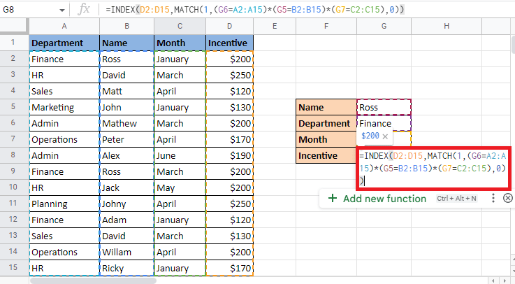 Schließen Sie die Klammer zweimal, um die MATCH-Formel und die INDEX-Formel zu vervollständigen. So INDEXIEREN Sie mehrere Kriterien in Google Sheets