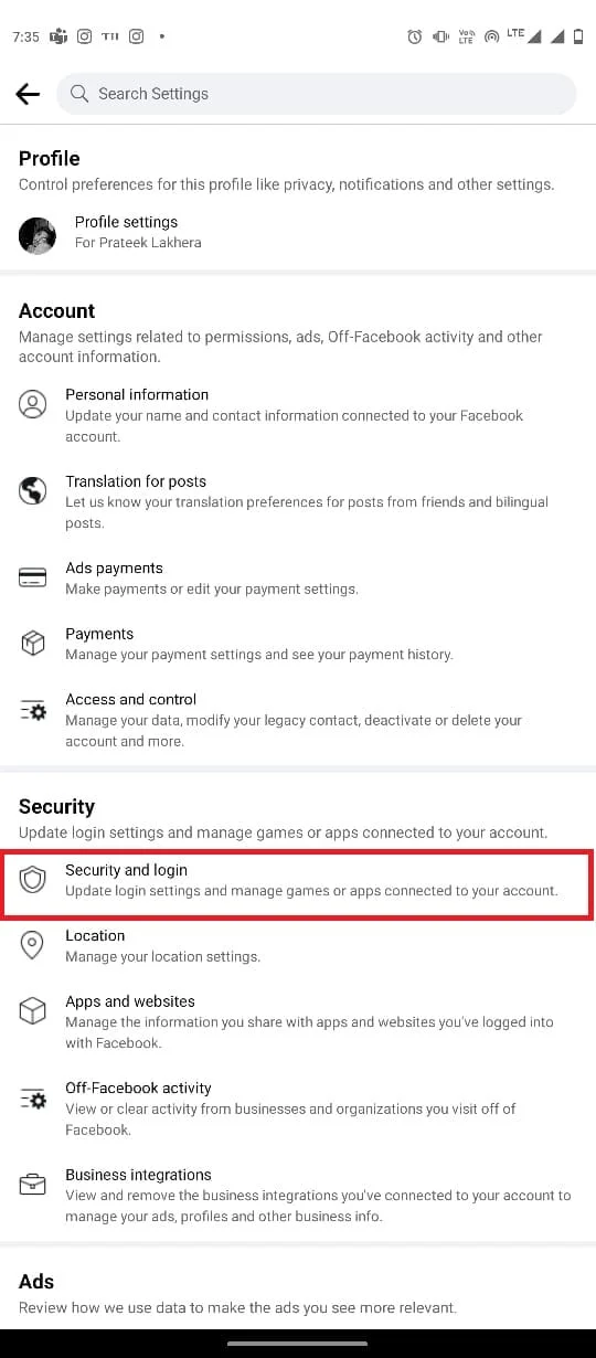 ketuk Keamanan dan login. Perbaiki Masalah Kode Login Facebook