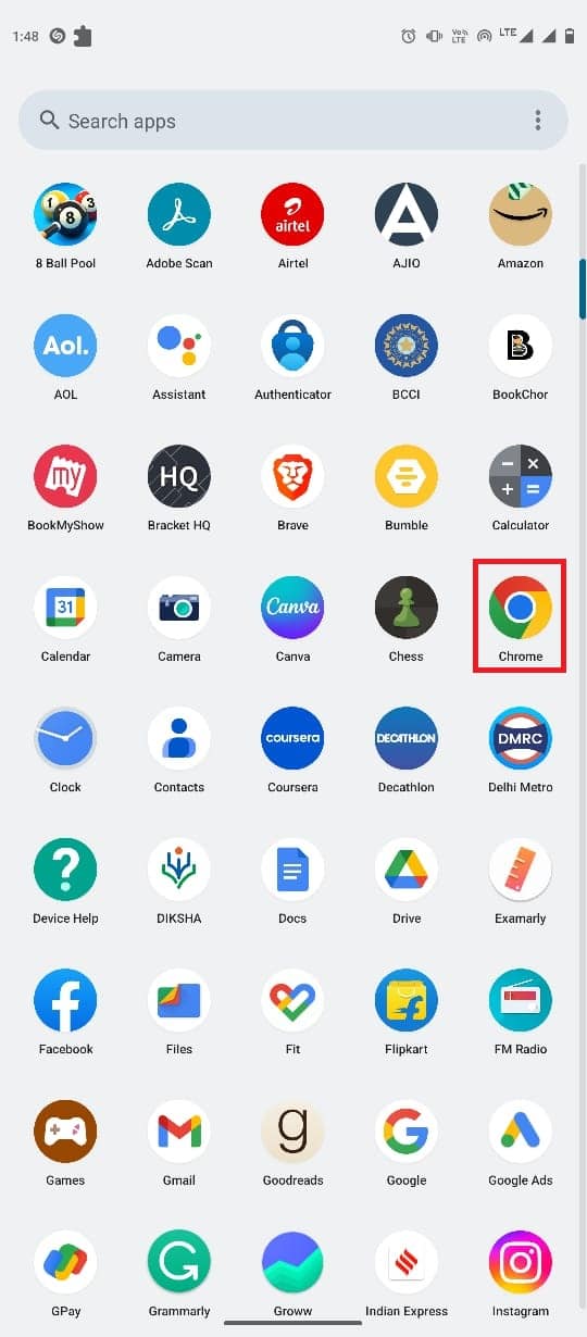 Telefon menüsünden Google Chrome'u açın