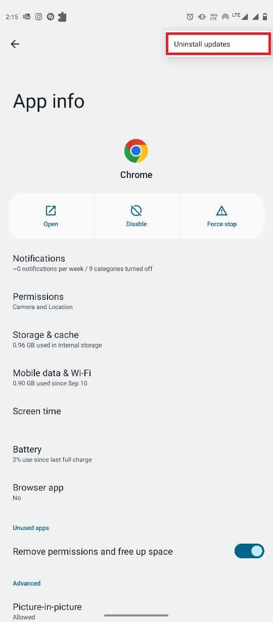 seleccione Desinstalar actualizaciones. Cómo arreglar Google Chrome sigue fallando en Android
