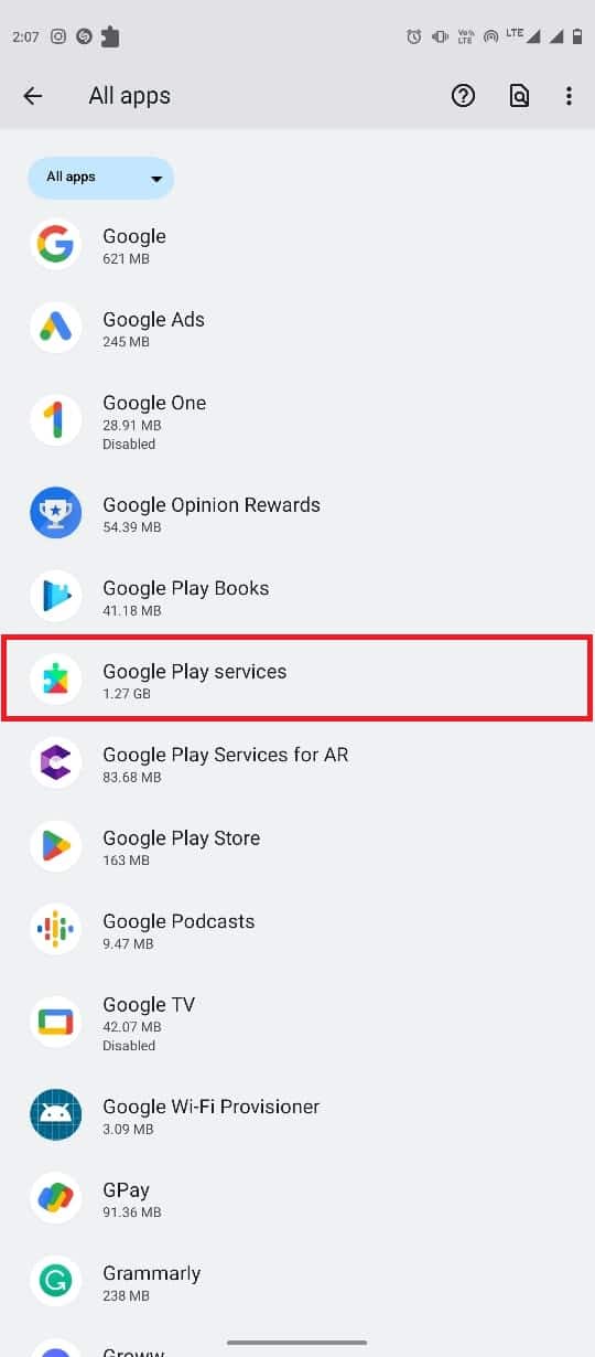 Ubique y seleccione Servicios de Google Play