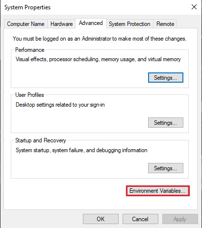 cliquez sur Variables d'environnement. Comment réparer le système ne peut pas trouver le chemin spécifié dans Windows 10