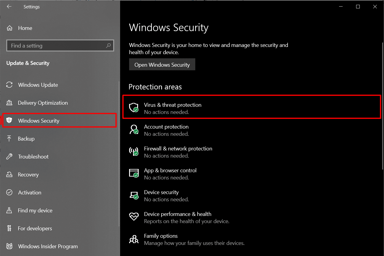 haga clic en seguridad de Windows seguido de protección contra virus y amenazas