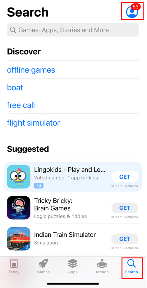 dotknij ikony profilu w menu wyszukiwania App Store iPhone