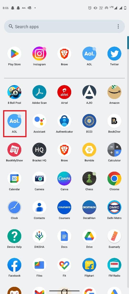 Öffnen Sie die AOL-App über das Telefonmenü