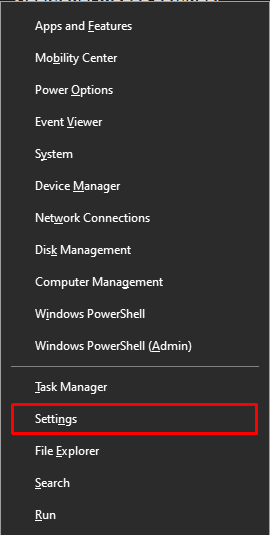 Apăsați Windows + X și faceți clic pe setări