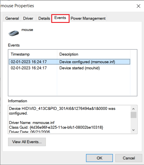 單擊頂部的“事件”選項卡 |如何修復 Magic Mouse 在 Windows 10 上未連接