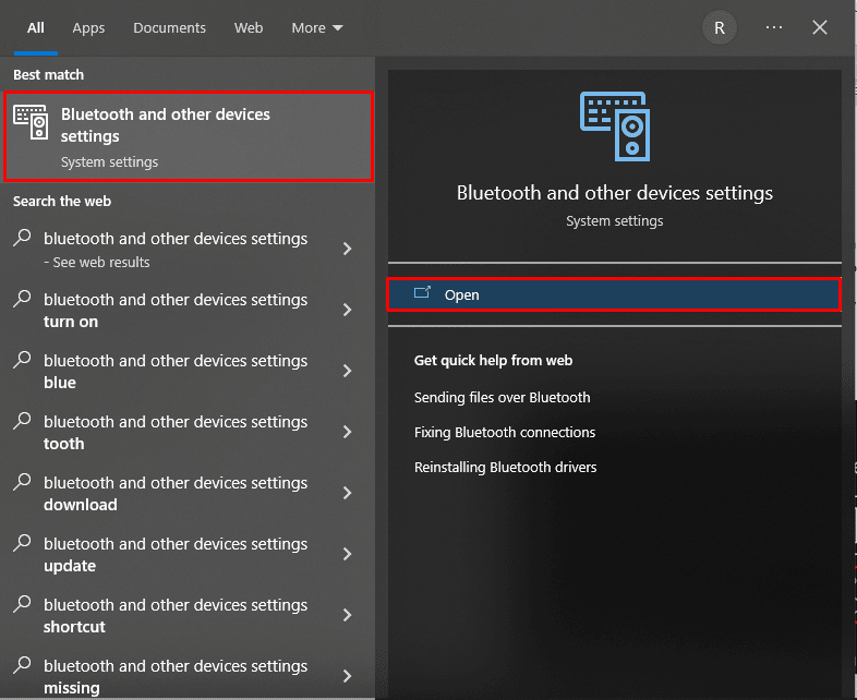 Fare clic su Apri Bluetooth e altri dispositivi