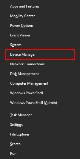 Apăsați Windows + X în același timp pentru a deschide meniul Power. Faceți clic pe Manager dispozitive