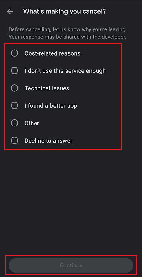Selectați motivul pentru care doriți să anulați abonamentul și apăsați pe Continuare | | Cum să anulați Duolingo Plus