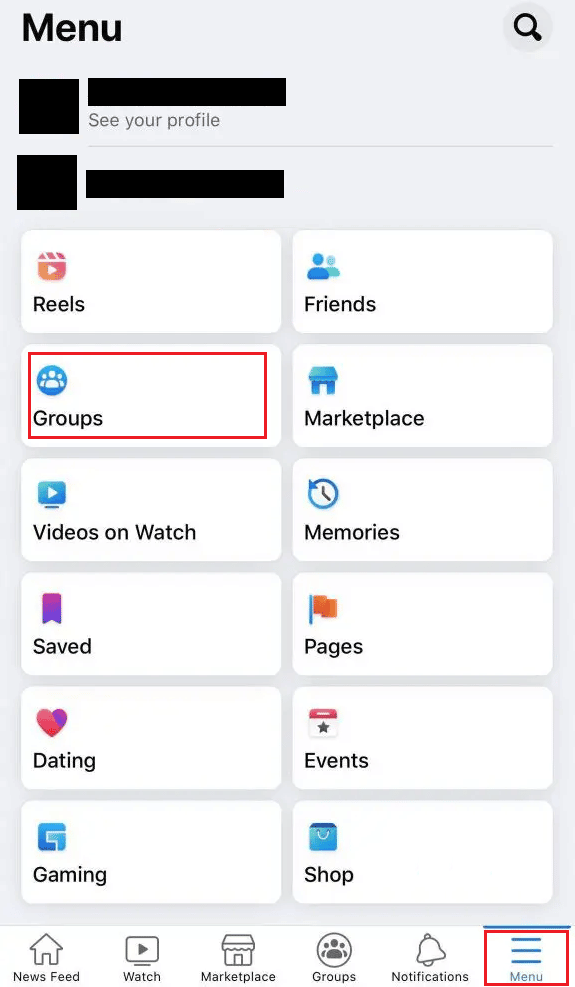 Toque en la pestaña Menú - Grupos | Cómo publicar de forma anónima en un grupo de Facebook en iPhone