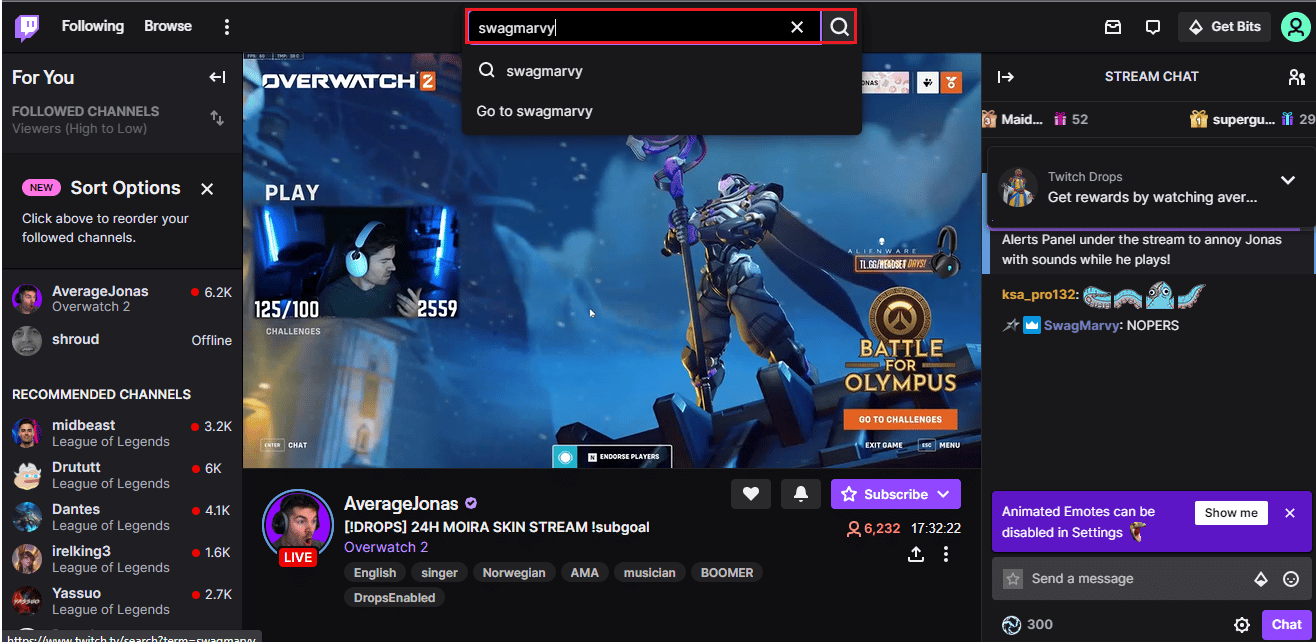 busca el nombre de usuario en la barra de búsqueda de Twitch