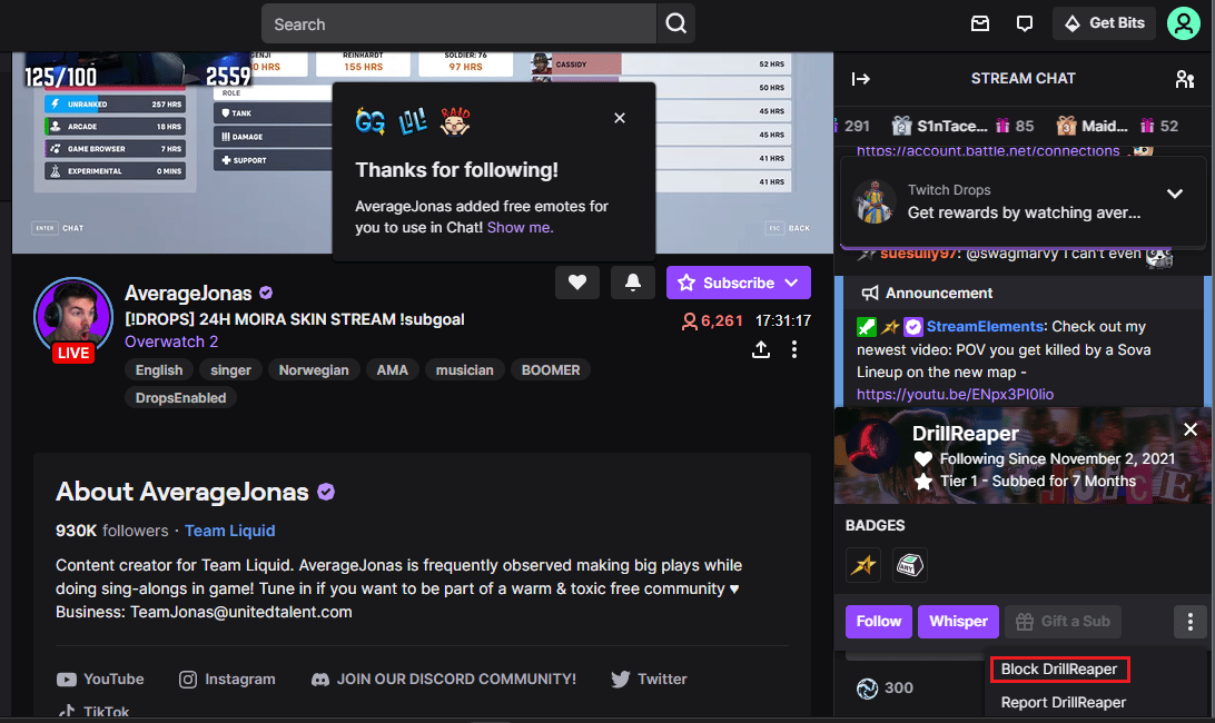 bir kullanıcının Twitch canlı yayınında sohbet etmesini engelle