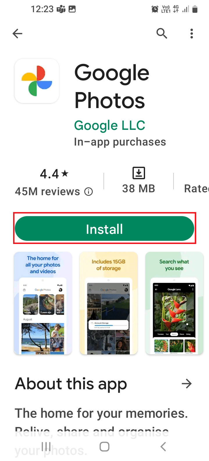 Suchen Sie nach der Google Fotos-App und tippen Sie auf die Schaltfläche Installieren