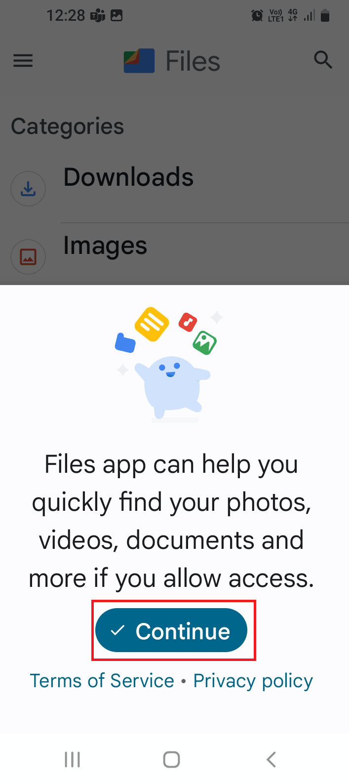 Öffnen Sie die Files by Google-App und tippen Sie auf die Schaltfläche „Fortfahren“.