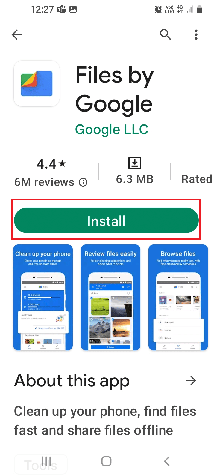 ابحث عن تطبيق Files by Google وانقر على زر التثبيت