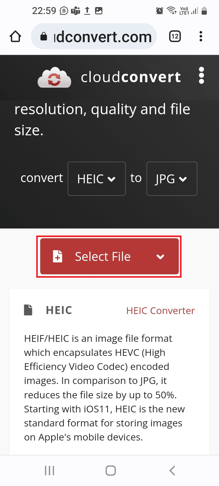 แตะที่ปุ่มเลือกไฟล์ วิธีแปลง HEIC เป็น JPG บน Android