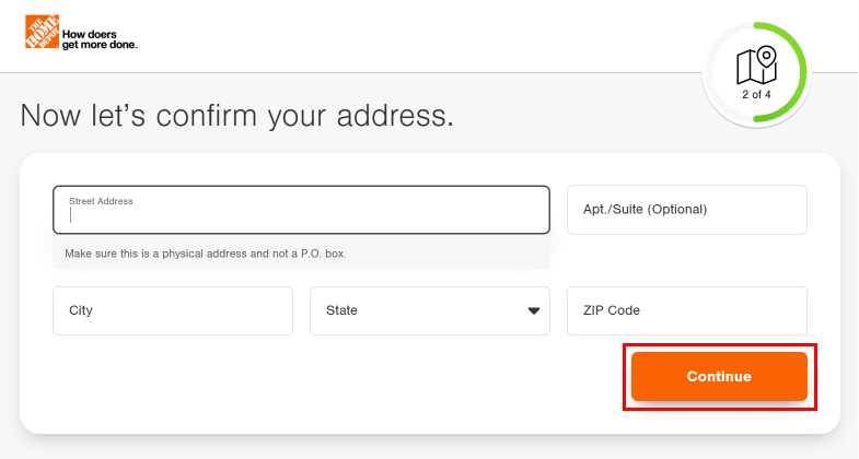Ingrese su dirección, nombre de la ciudad, código postal y seleccione el estado, luego haga clic en el botón Continuar.