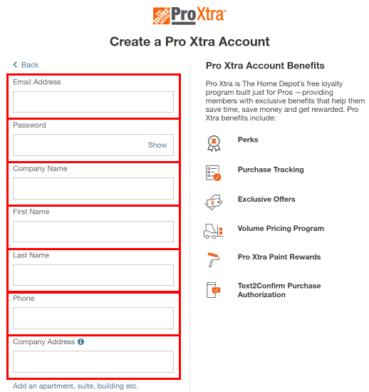 Ingrese su dirección de correo electrónico, contraseña, nombre y apellido, teléfono, nombre de la empresa y dirección de la empresa. | Cómo crear una cuenta de Home Depot