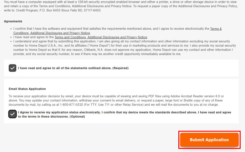 Marque todas las casillas para aceptar las condiciones y haga clic en el botón Enviar solicitud para enviar su solicitud para obtener una tarjeta de crédito Home Depot en línea.