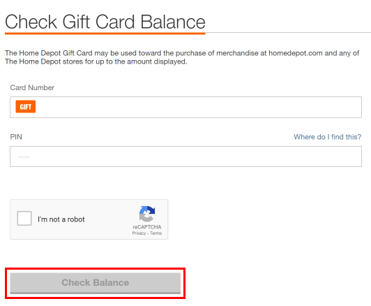 Inserisci il numero e il pin della carta regalo, quindi fai clic sul pulsante Controlla saldo per controllare il saldo della tua carta regalo Home Depot.