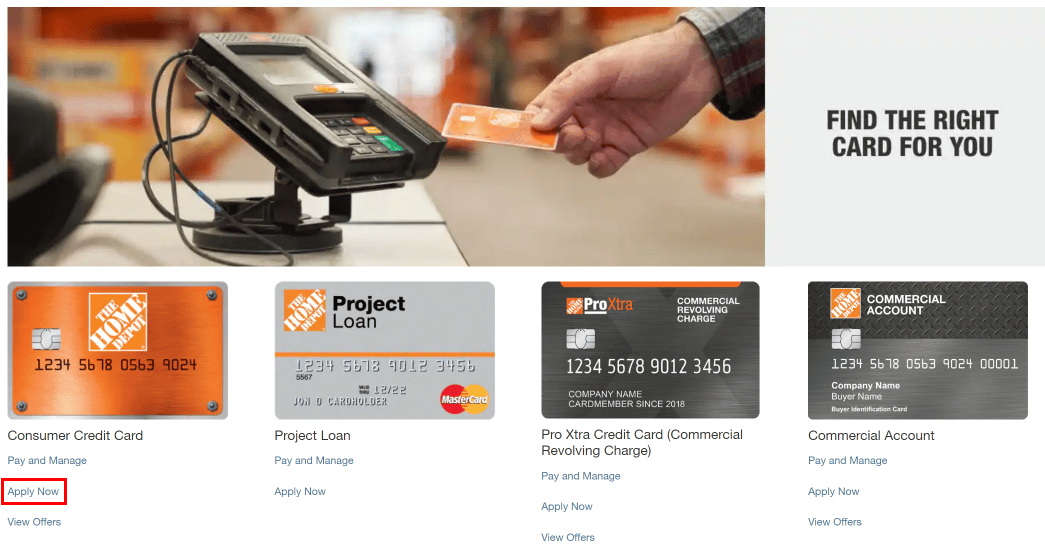 Scorri un po 'e seleziona una delle opzioni della carta di credito e fai clic sull'opzione Applica ora sotto di essa. | Come creare un account Home Depot