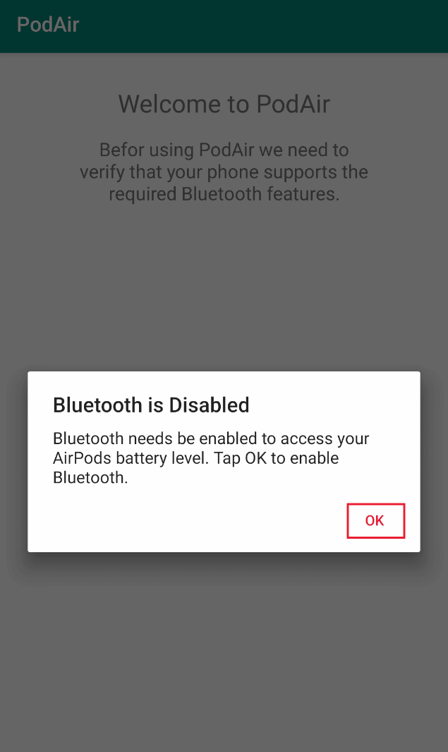 Bluetooth Dinonaktifkan pop-up akan muncul, ketuk OK untuk mengaktifkan Bluetooth.