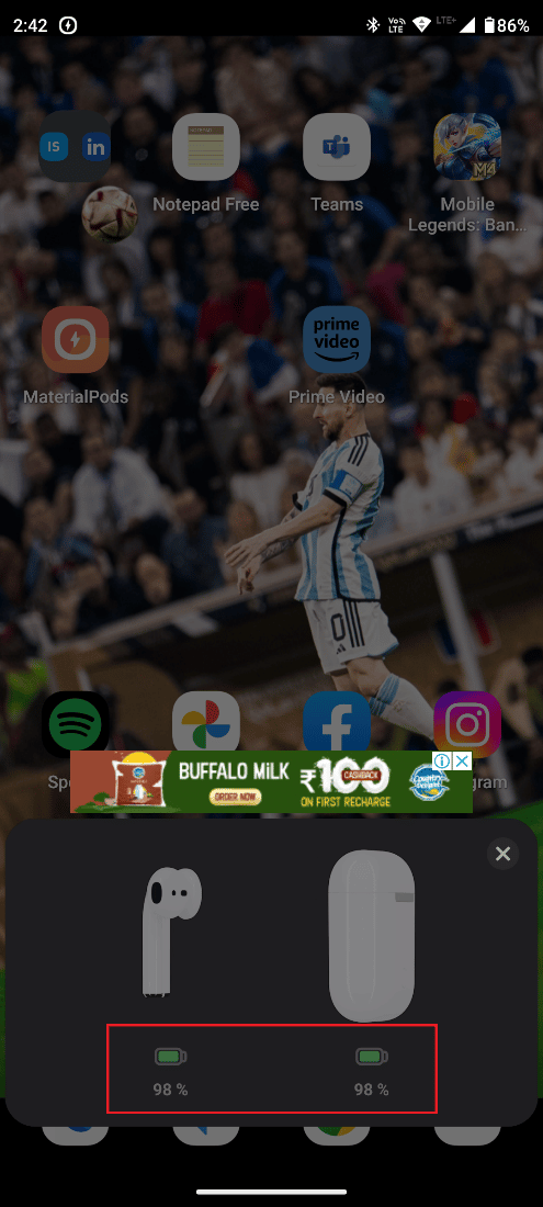 Появится всплывающее окно, показывающее процент заряда батареи ваших AirPods и чехла. | Как узнать, заряжаются ли AirPods на Android