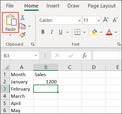 Botão Colar no Excel