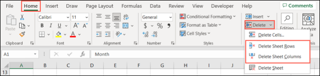 Löschen Sie Blattspalten und -zeilen auf der Registerkarte Start