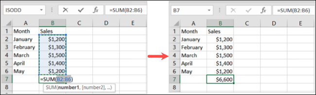 Fórmula de suma y resultado en Excel