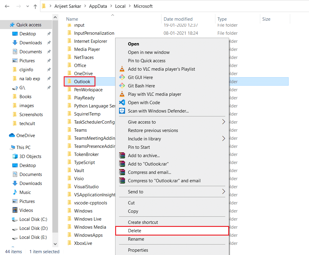 buka folder Microsoft localappdata dan hapus folder Outlook