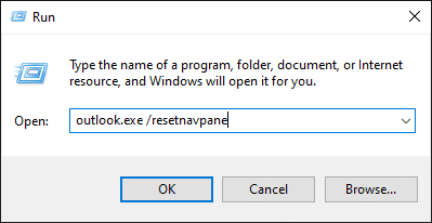 Geben Sie outlook.exe resetnavpane ein und drücken Sie die Eingabetaste, um den Befehl Ausführen auszuführen