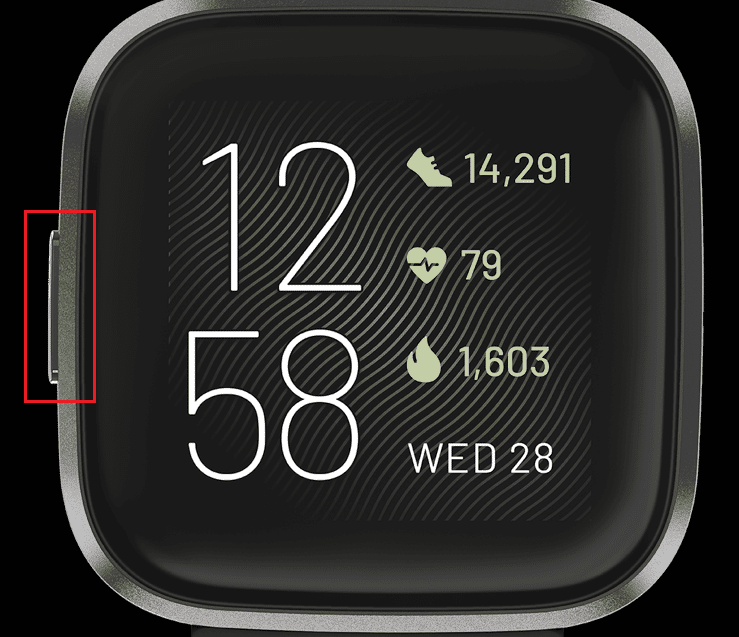 Drücke und halte den Ein-/Ausschalter an deiner Fitbit Versa 2, bis der Bildschirm schwarz wird und die Uhr vibriert