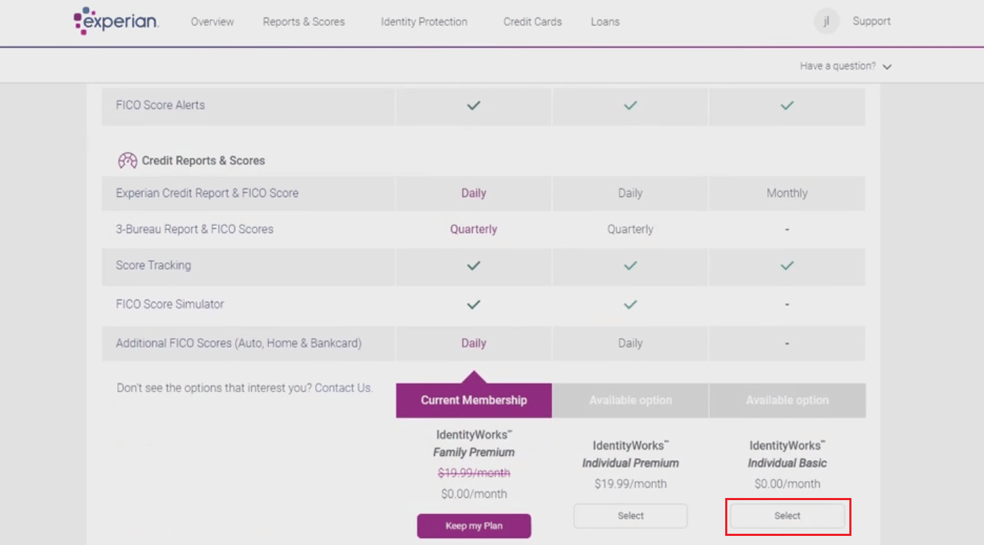 przewiń w dół i kliknij Wybierz dla podstawowego planu IdentityWorks Individual