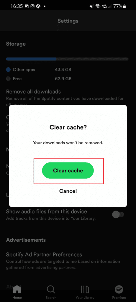 Toque em Limpar cache. Consertar Spotify Duo não está funcionando