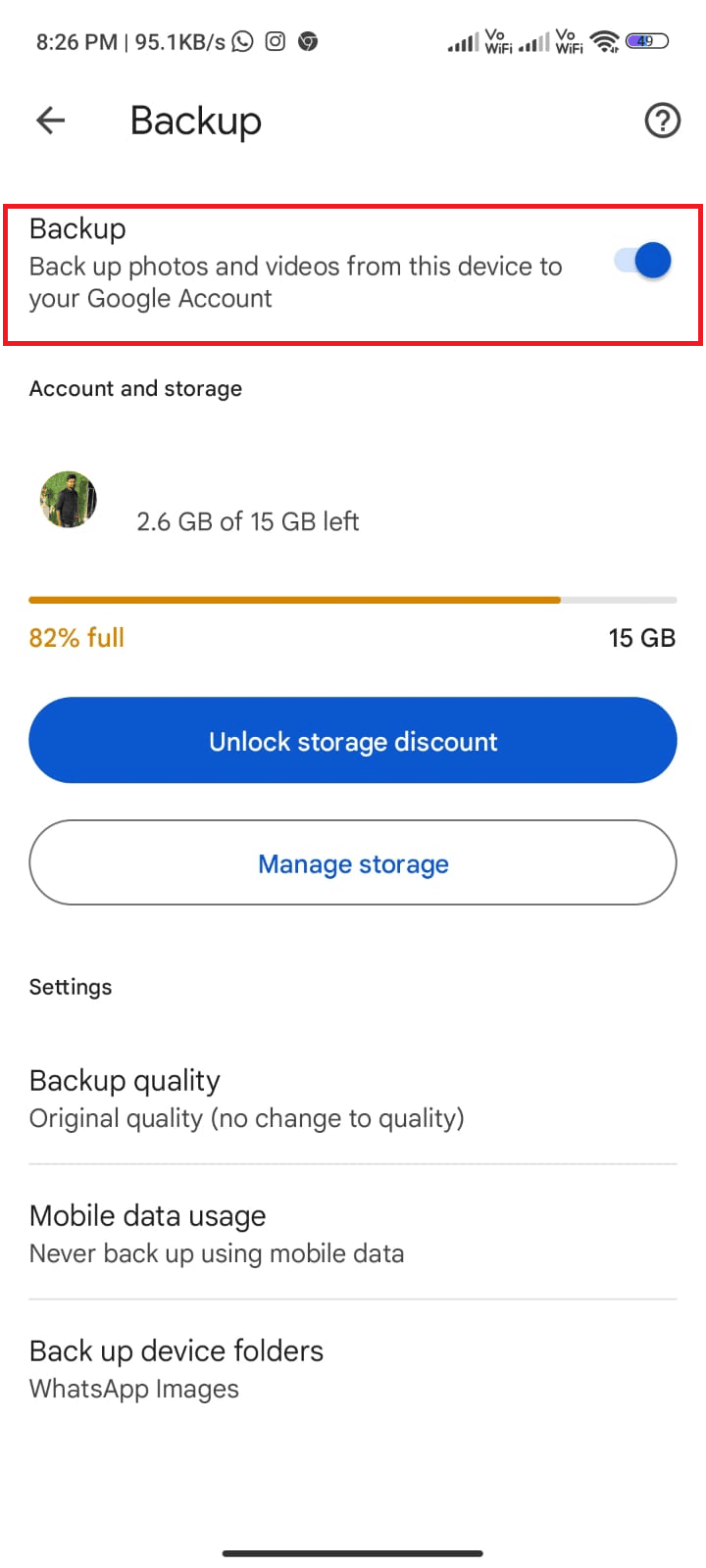 navegue até a opção Backup