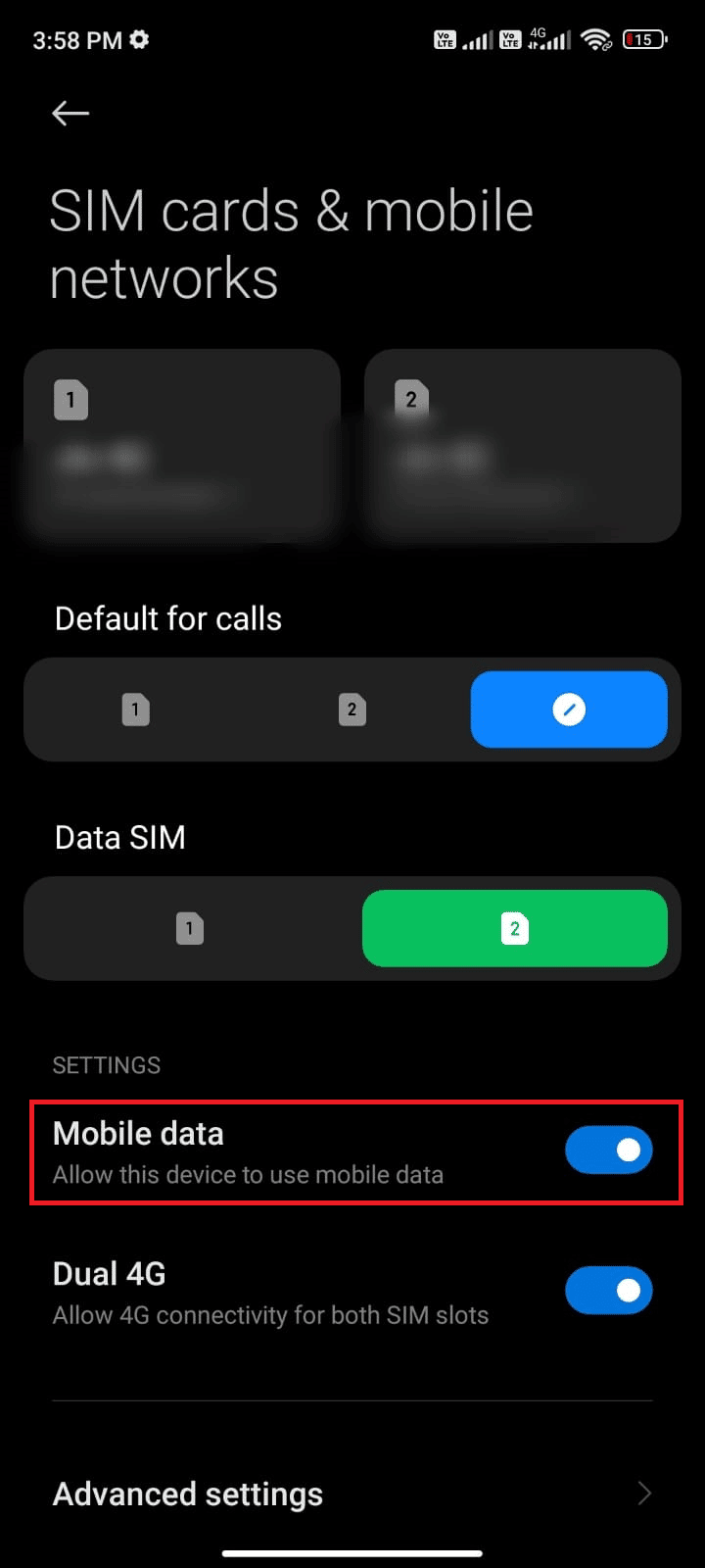 Stellen Sie sicher, dass die Option Mobile Daten aktiviert ist