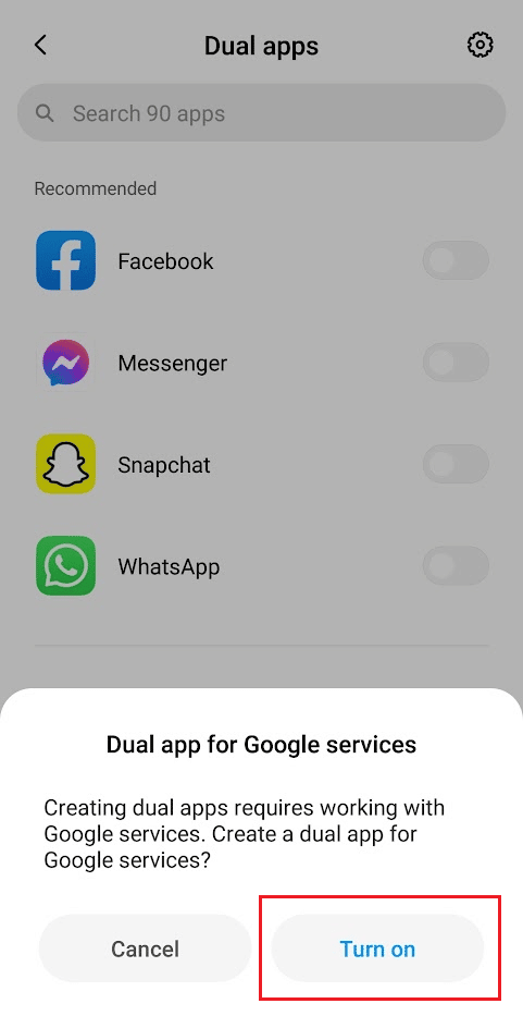 Appuyez sur Activer dans la fenêtre contextuelle pour autoriser la création d'une double application pour les services Google