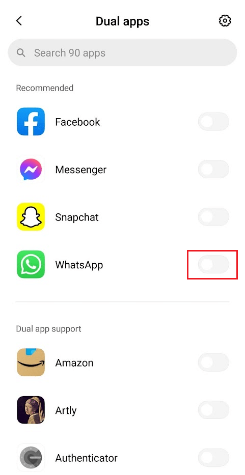 ative a alternância da opção WhatsApp na lista de menus