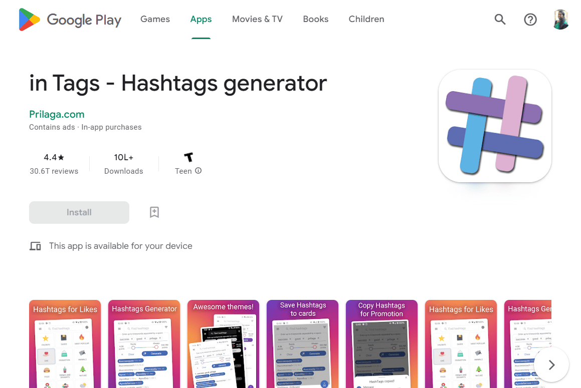 În Etichete – Pagina generator de hashtag-uri Google Play Store