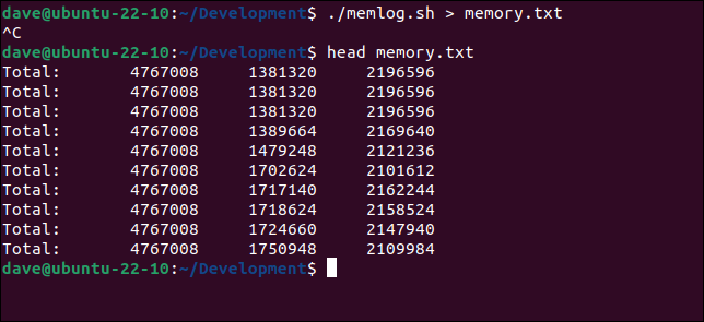 memlog.sh スクリプトからの出力のキャプチャと表示