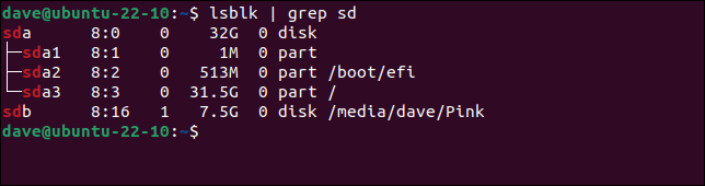 Usando grep para procurar linhas com "sd" nelas, na saída do comando lsblk