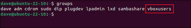 O grupo vboxusers exibido na lista de grupos em que este usuário está