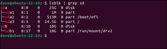 Output dari lsblk disalurkan melalui grep, menampilkan hard drive di komputer