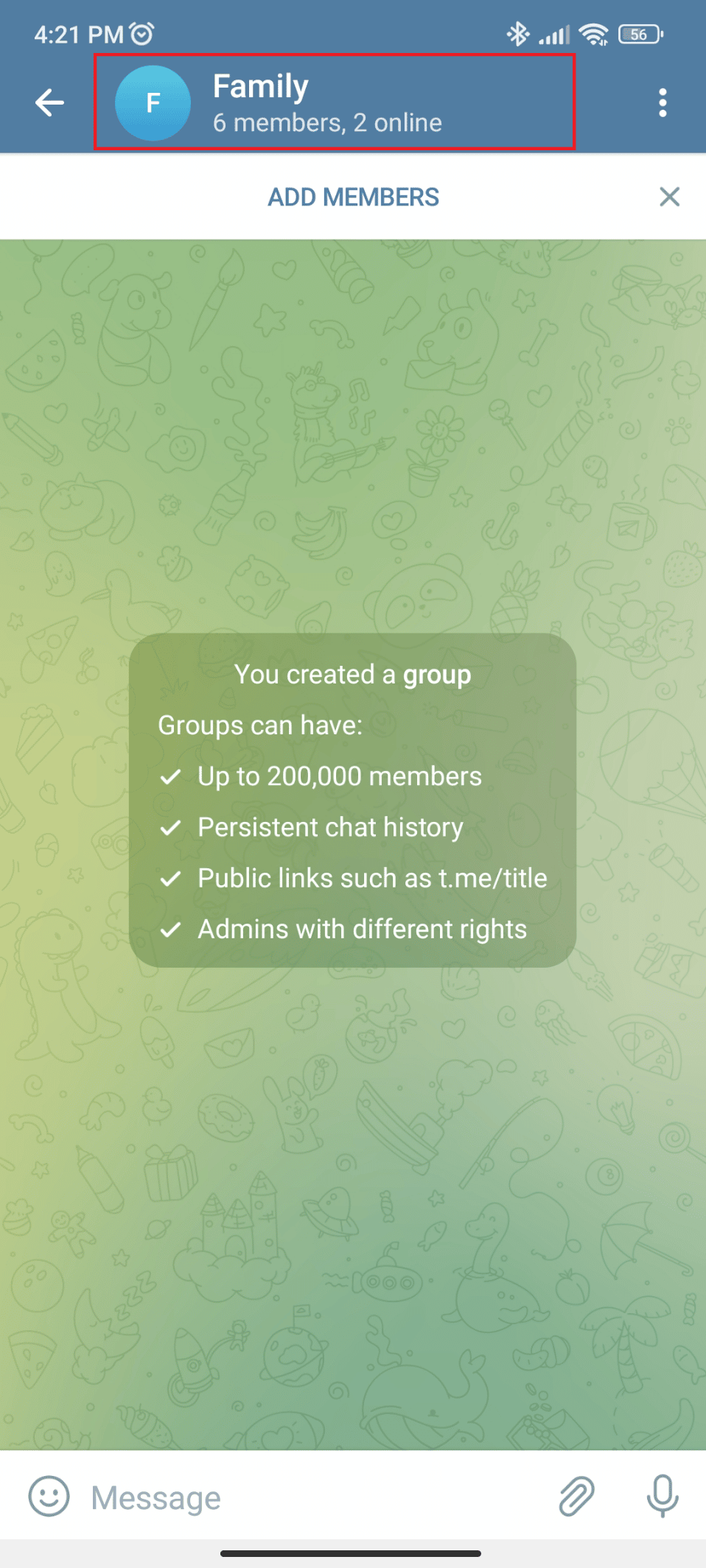 Toque no nome do grupo na parte superior da tela. Como adicionar membros no grupo do Telegram